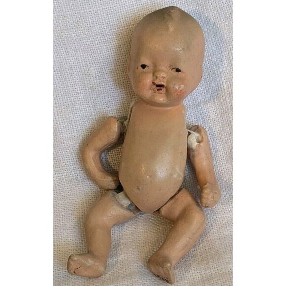 Bisque Jointed Baby Doll Japan Stringed Stamped Mouth Miniature Porcelain Vtg 4" - Picture 3 of 16